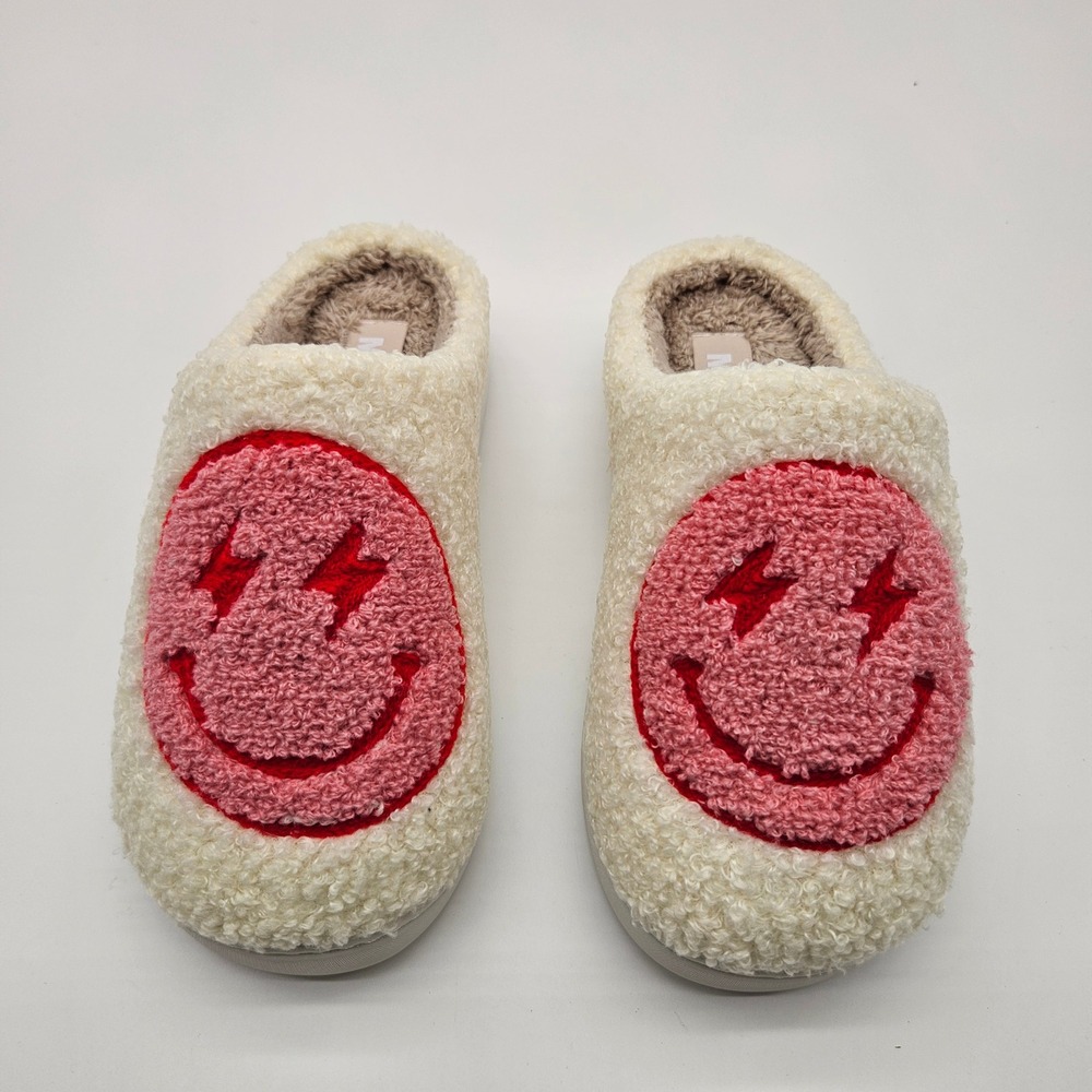 MIA Girl Inessa Sherpa Fuzzy Slippers‎ Cream Pink Lightning Smiley Face Size 6